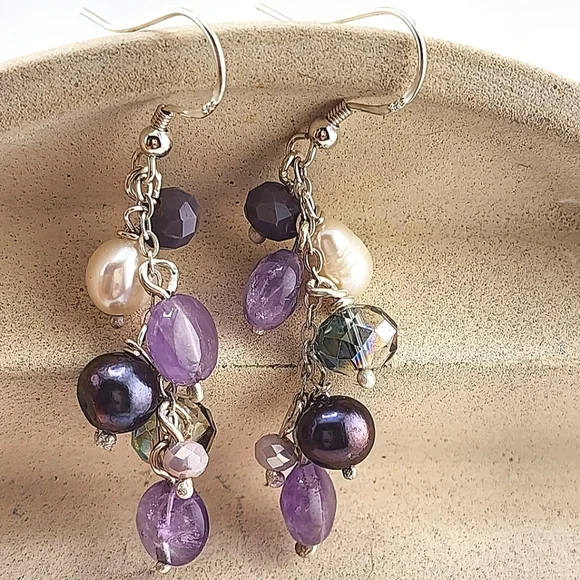 AMETHYST, PEARL & CRYSTALS CHANDELIER EARRINGS HANDMADE RECYCLE STERLING SILVER - Picture 2 of 6